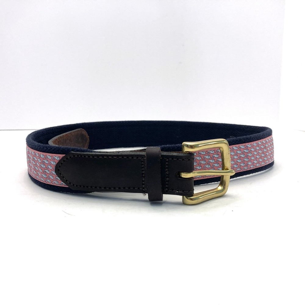 Vineyard Vines Belt Men's 32 Navy Blue Pink Whales Leather Brass Buckle Preppy